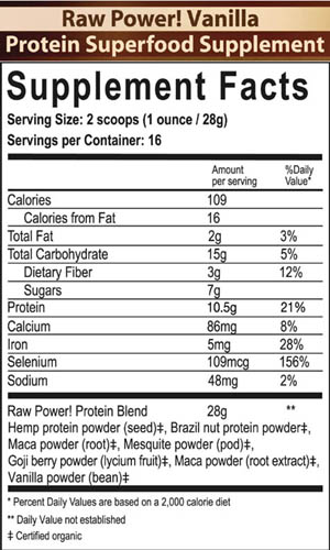 Raw Power! Protein Superfood, Vanilla (16 oz, raw, certified organic)