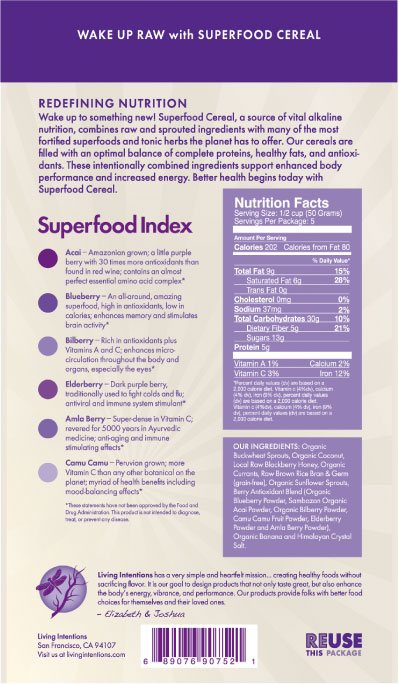 Acai Blueberry Superfood Cereal (9 oz, raw, organic ingredients)