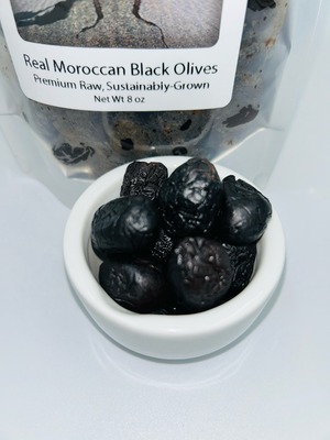 Olives, Real Moroccan Black Olives, with pits, Raw Power (8 oz, Premium Raw)